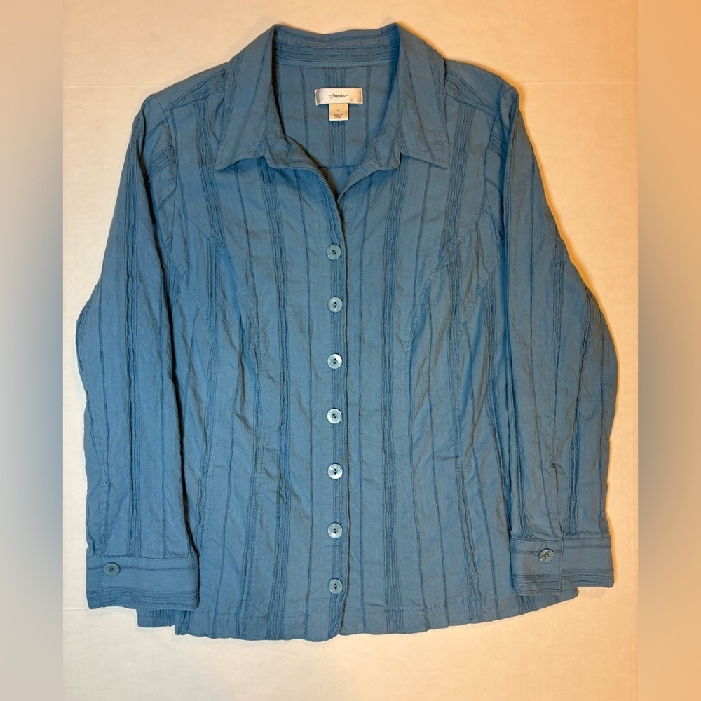 CJ Banks light blue vertically textured pleated blouse button down size 1X
